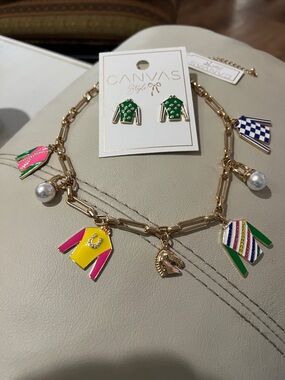 Canvas Style Derby/equestrian Necklace and Earring Set NWT